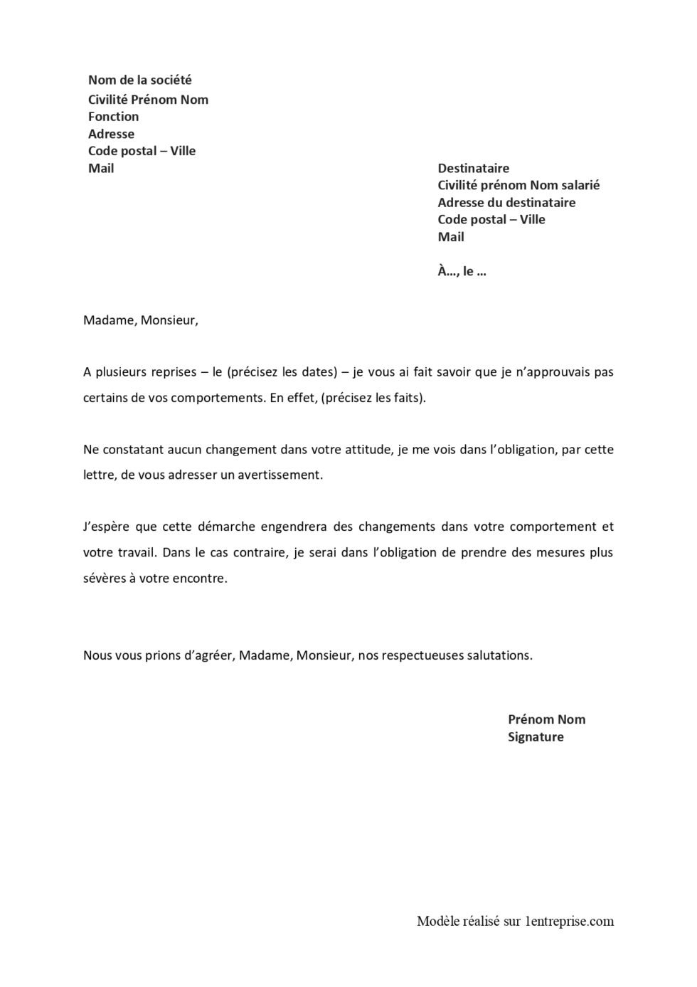 Lettre d’avertissement à Télécharger - 100% Gratuit - Format Word / PDF