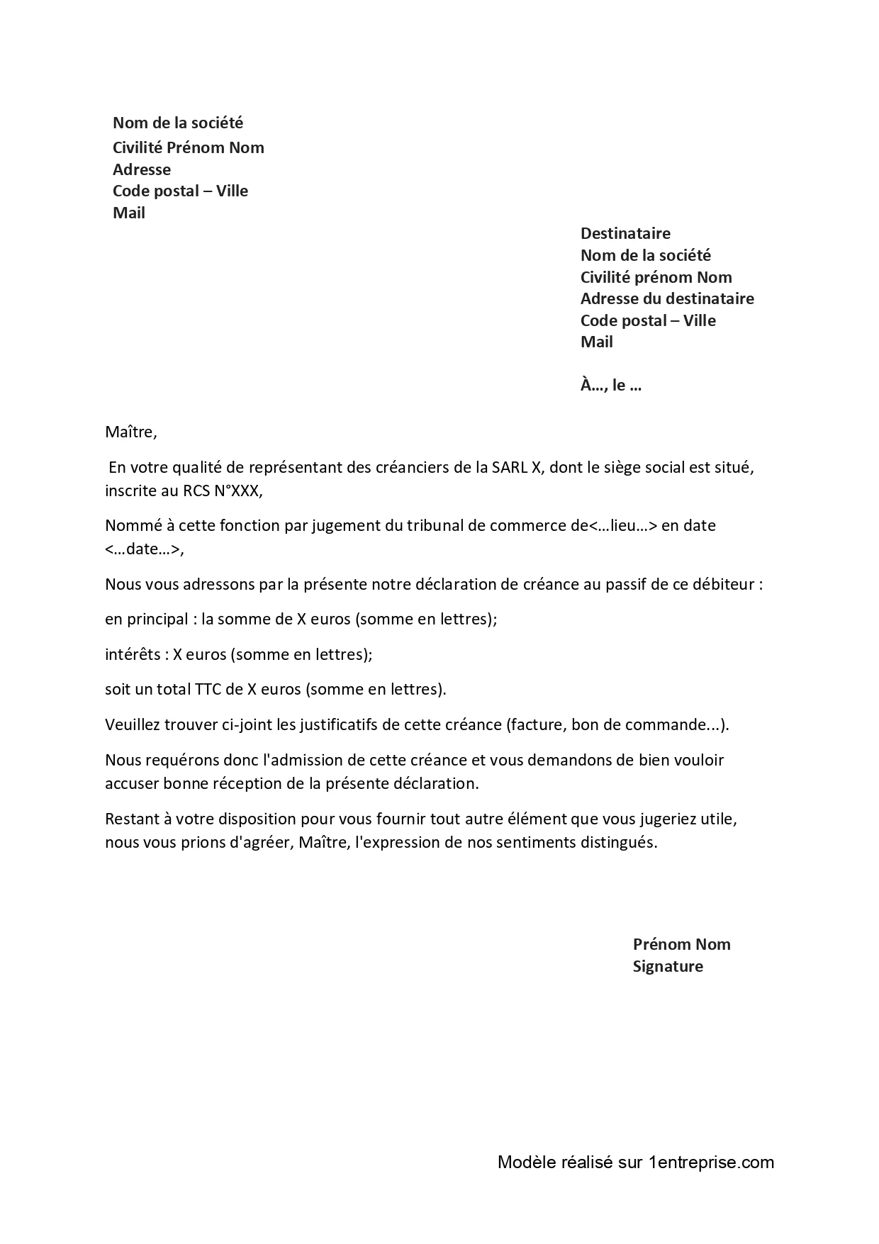 Lettre de déclaration de créance