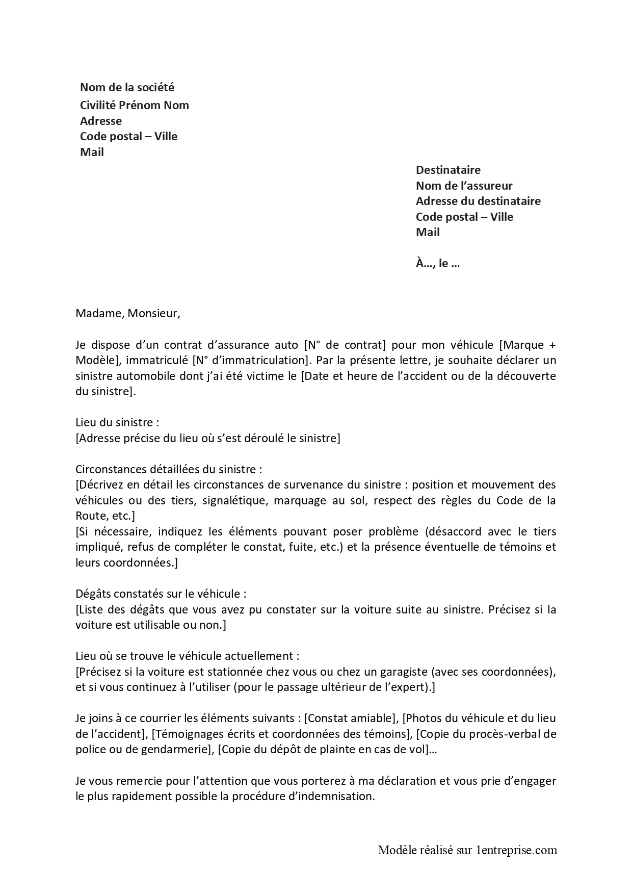 Lettre de déclaration de sinistre auto