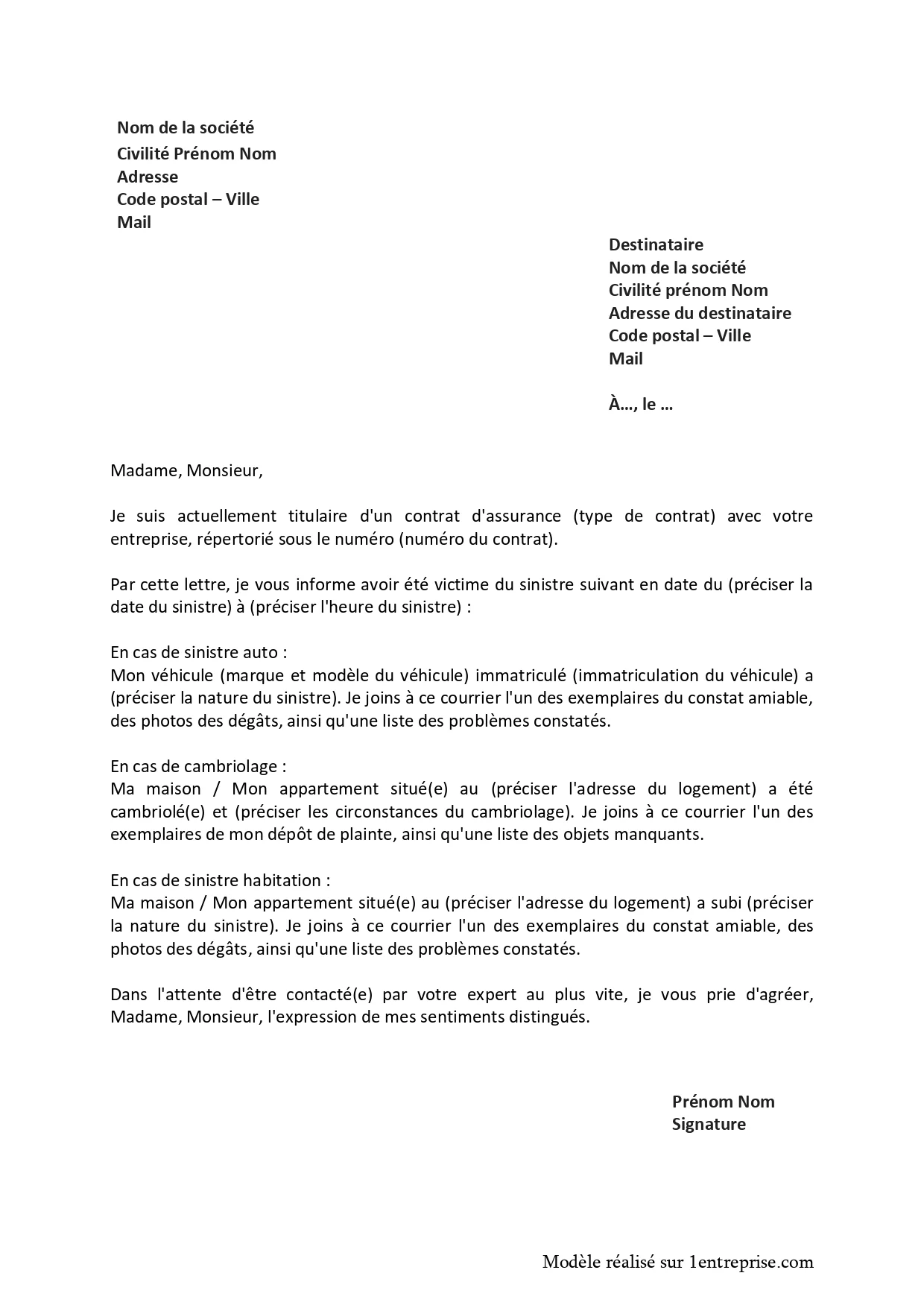 Lettre de déclaration d’un sinistre habitation