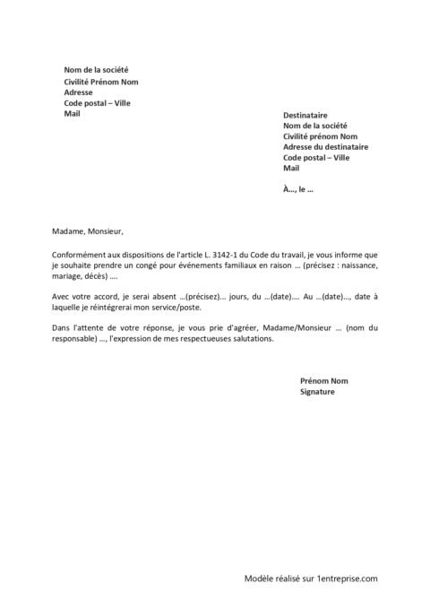Modèle : Lettre de demande de congé pour événement familial