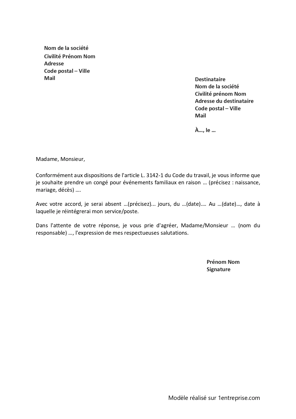 Lettre de demande de congé pour événement familial