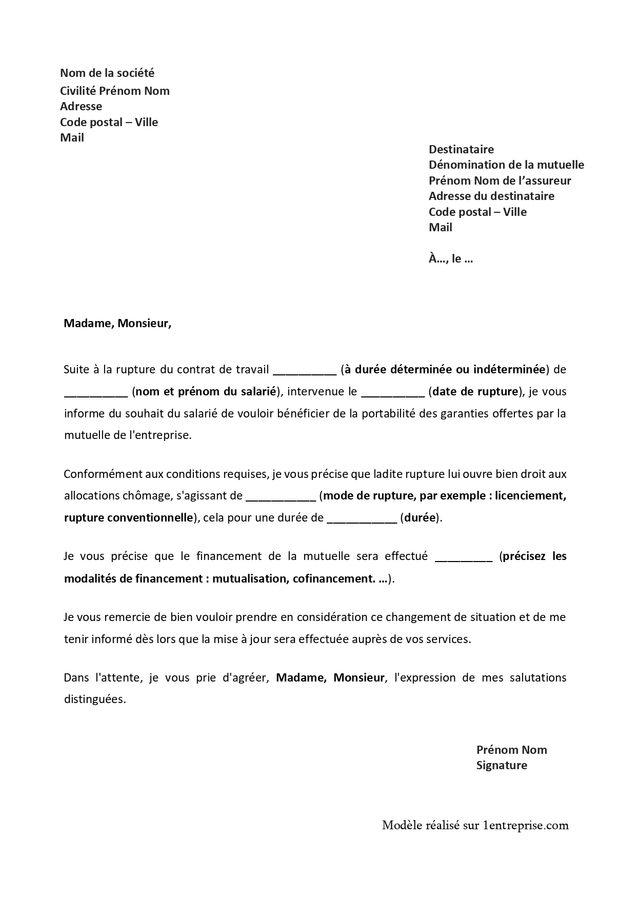 Lettre de demande de maintien individuel des garanties mutuelle