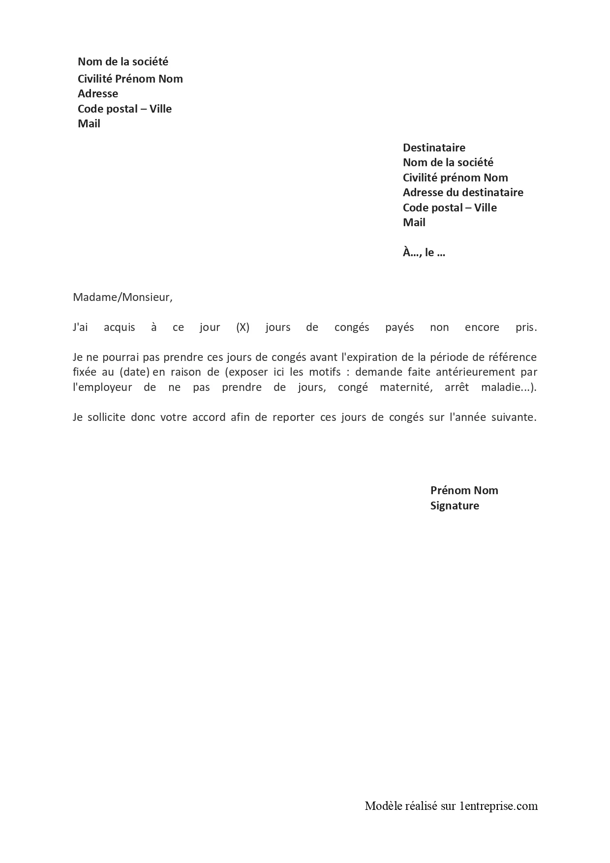 Lettre de demande de report de congés