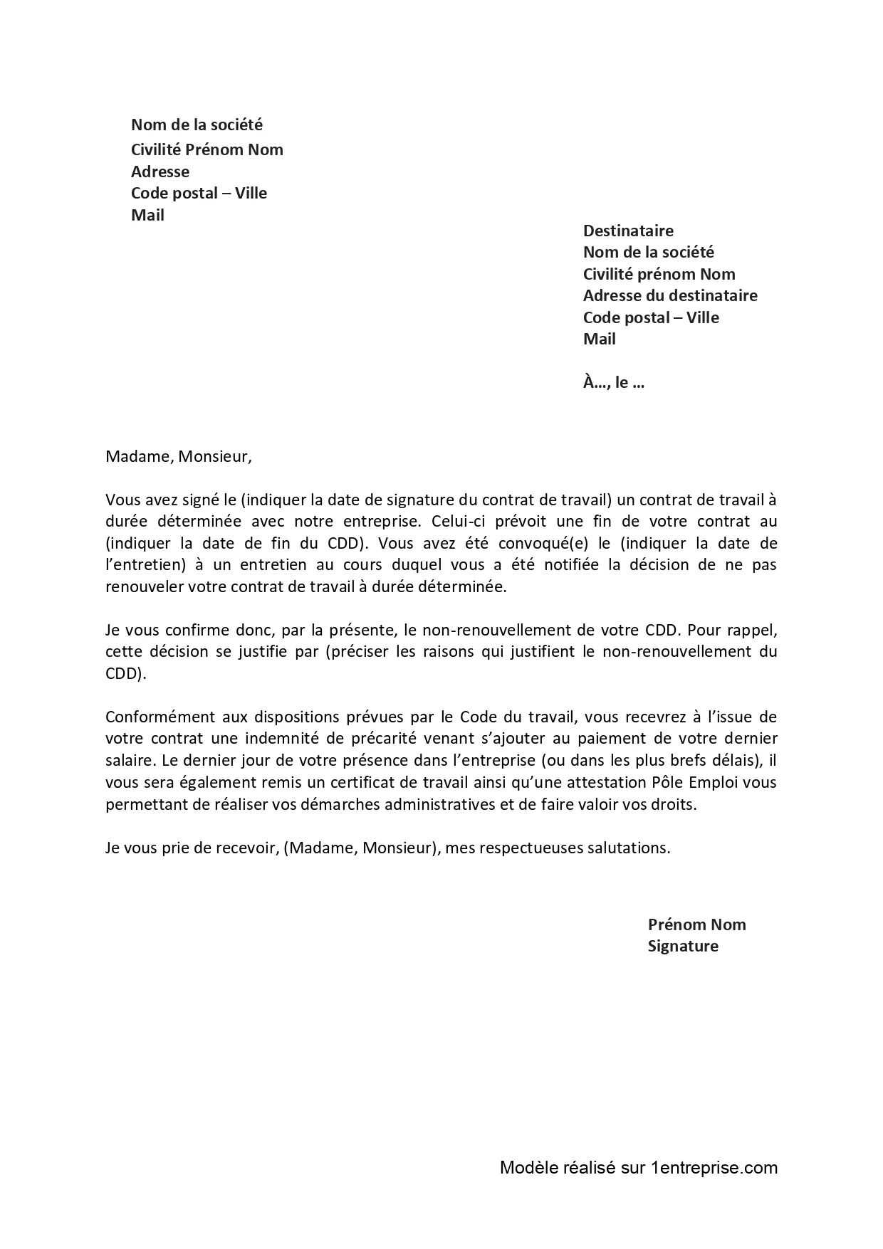 Lettre de non-renouvellement de CDD