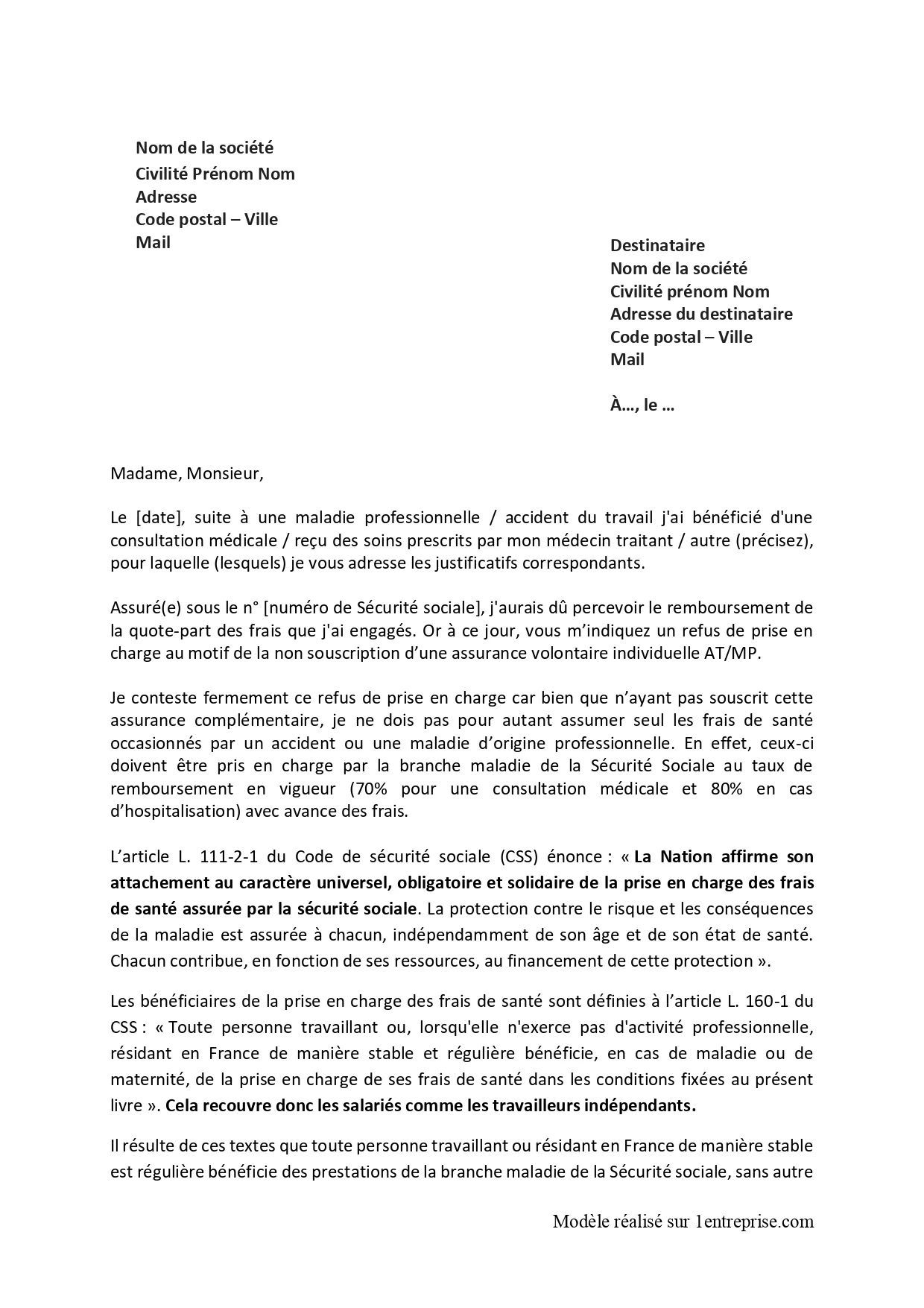 Lettre de recours sécurité sociale