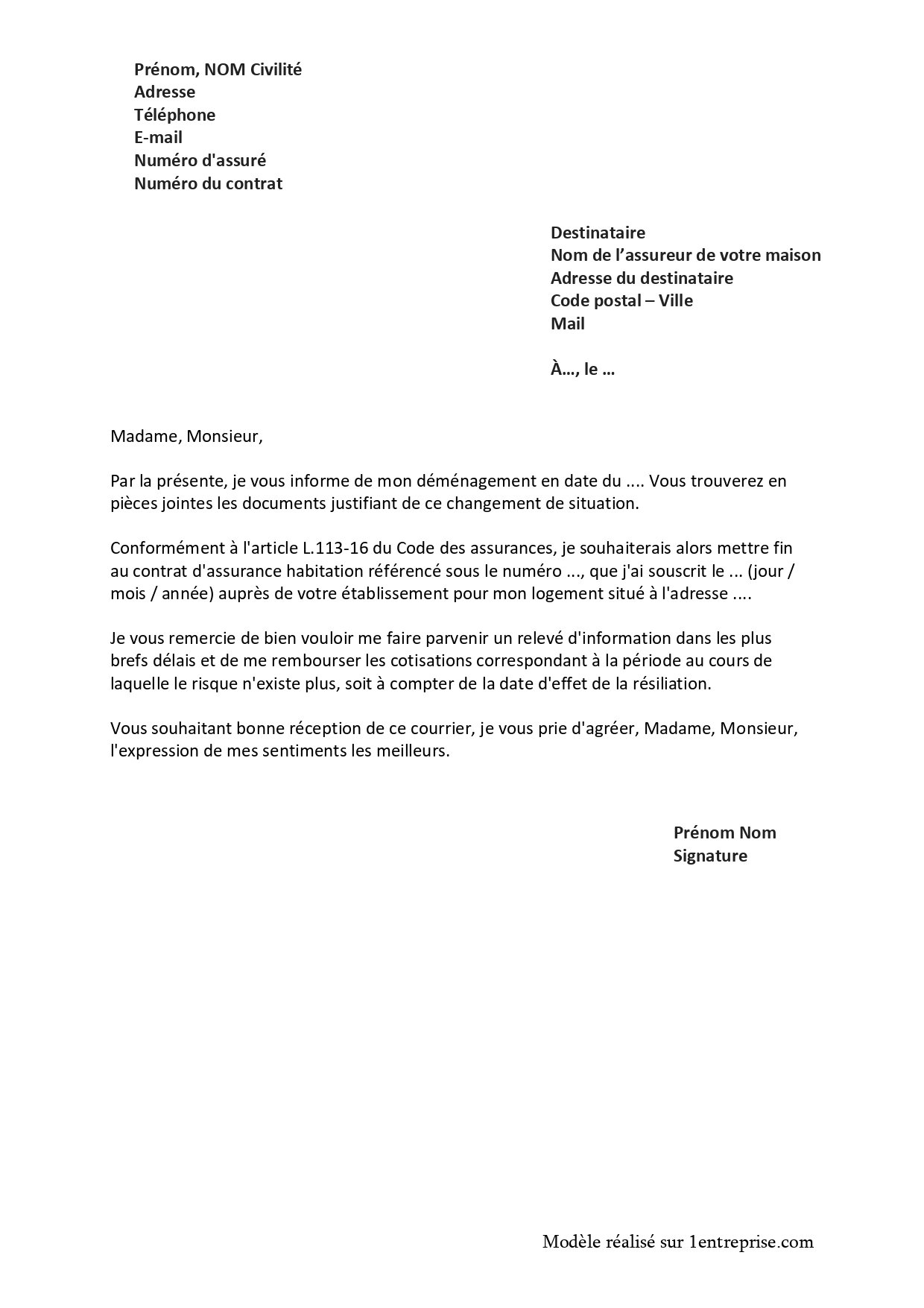 Lettre de résiliation d’une assurance habitation pour déménagement