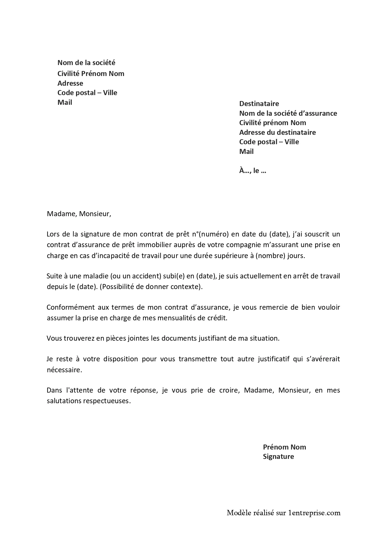 Lettre demande prise en charge assurance prêt immobilier