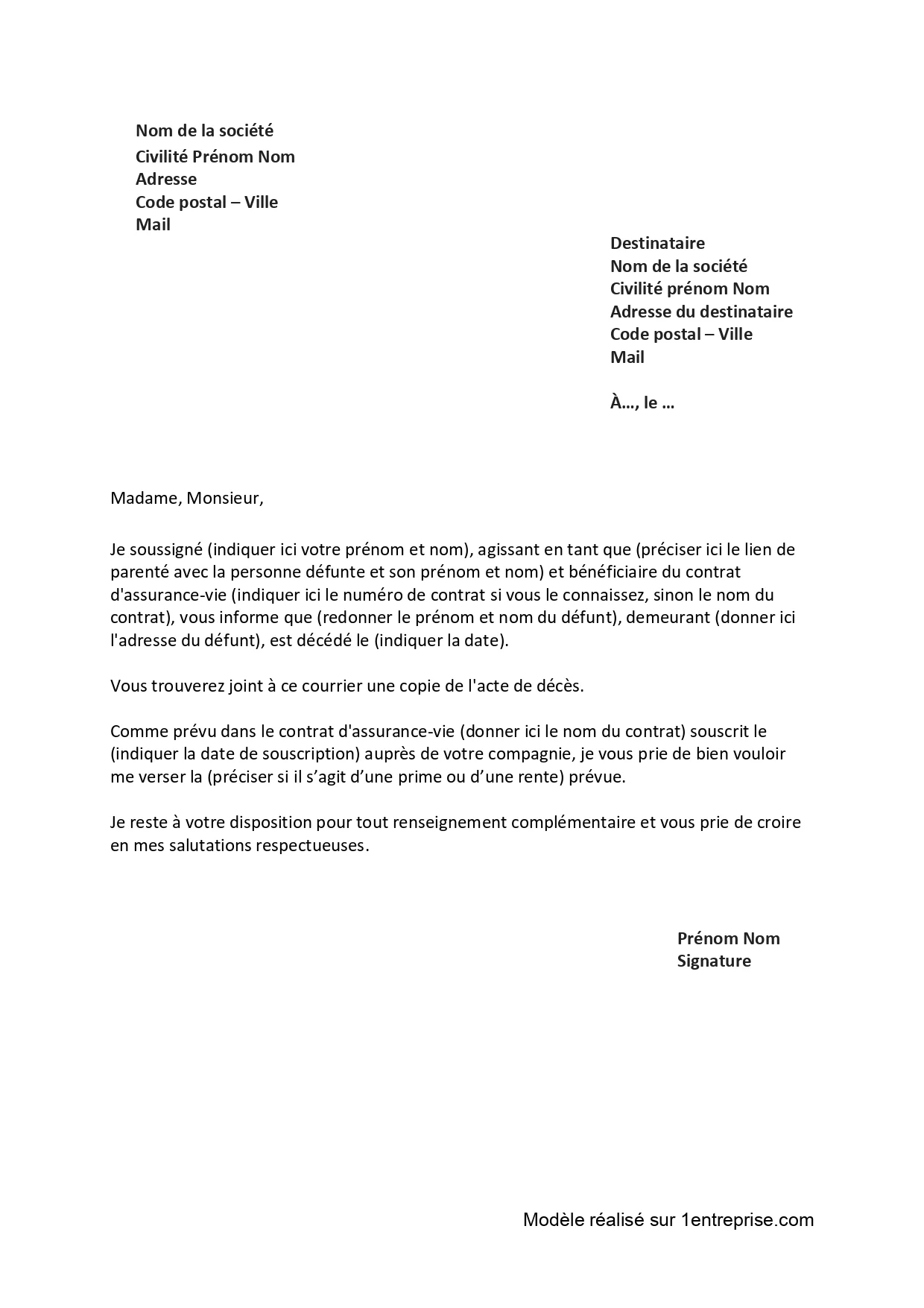 ️Lettre demande versement assurance vie