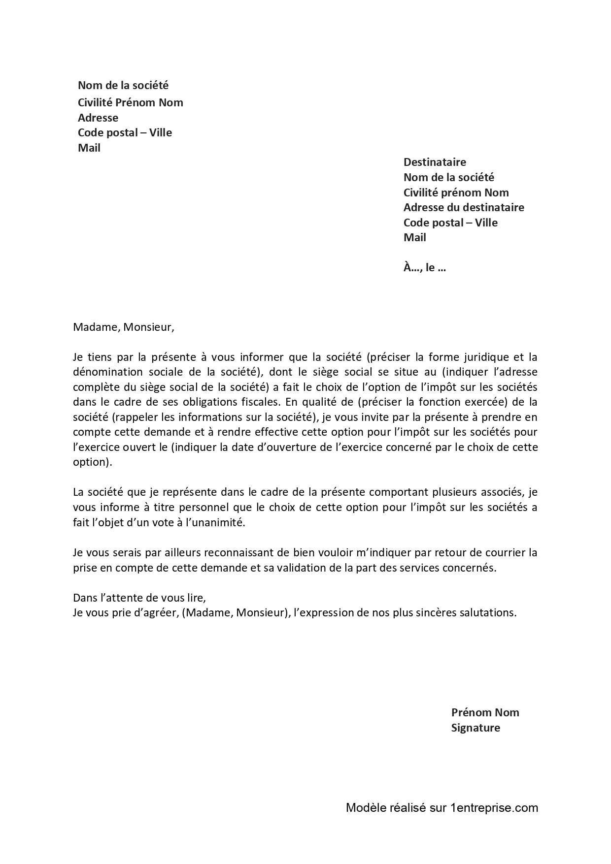 ️Lettre d’option impôt sur les sociétés (IS)
