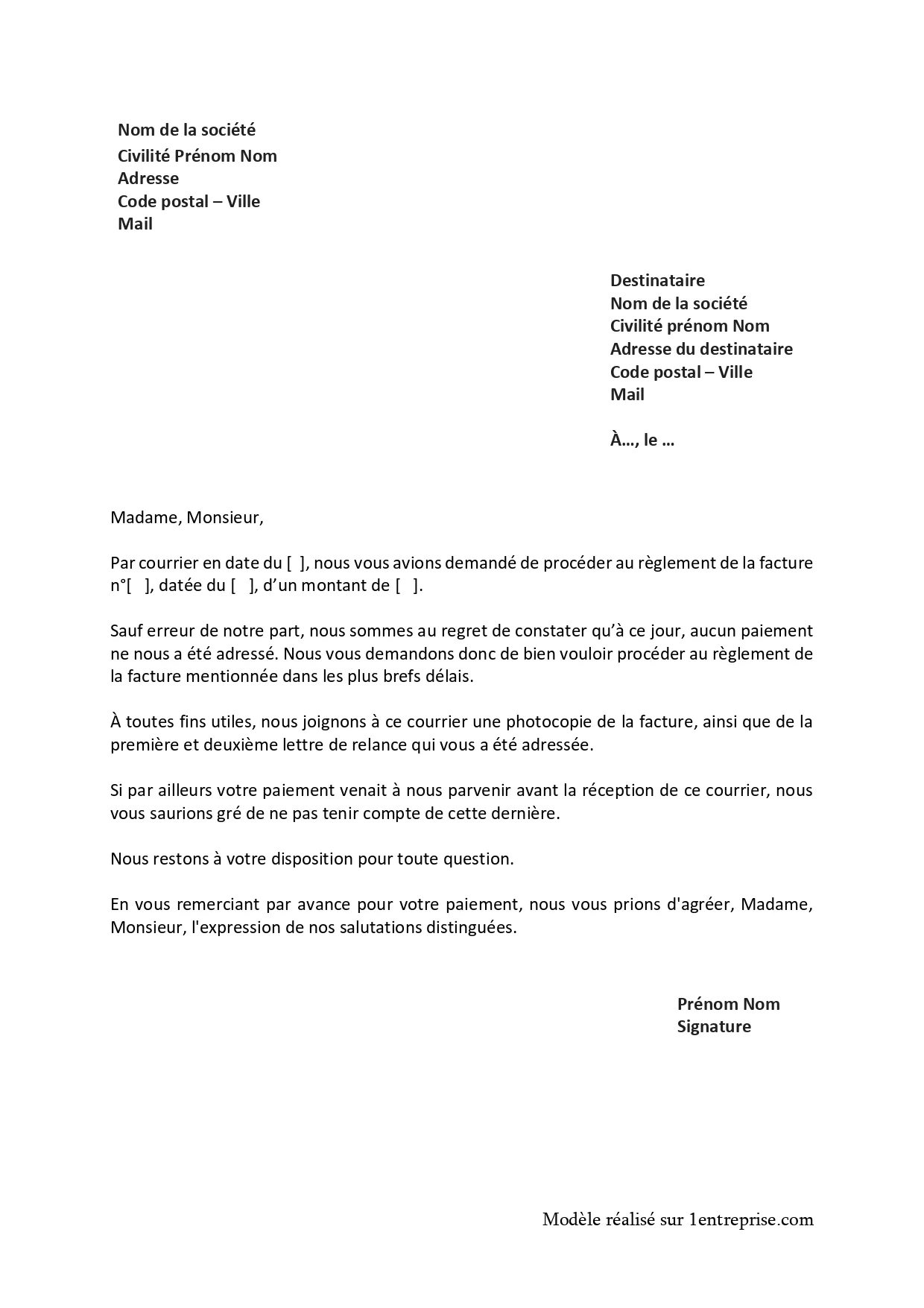Lettre facture impayée 3ème relance