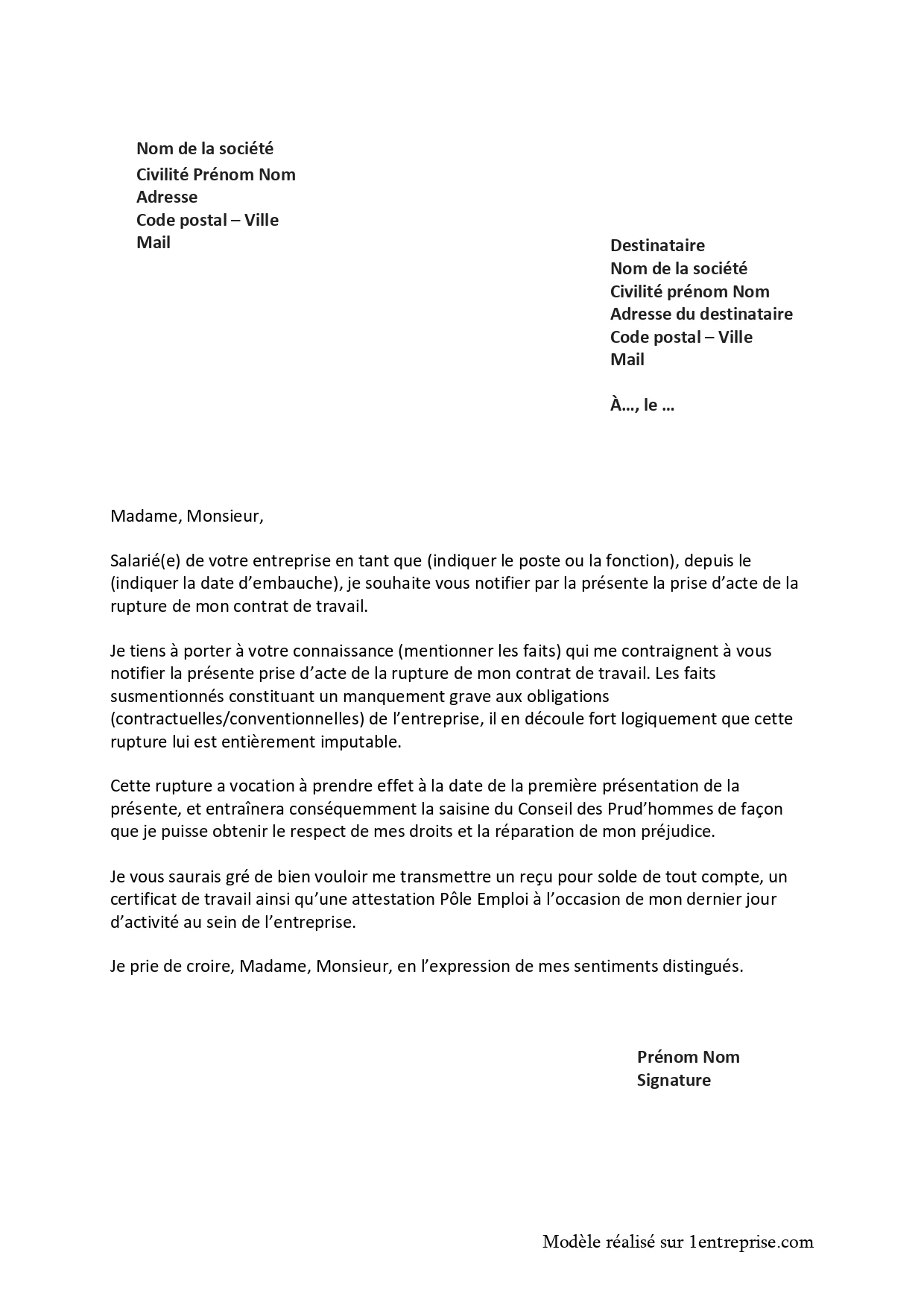 Lettre prise d’acte de rupture du contrat de travail