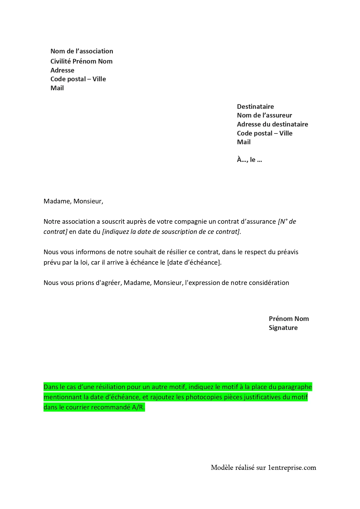 Lettre résiliation assurance association