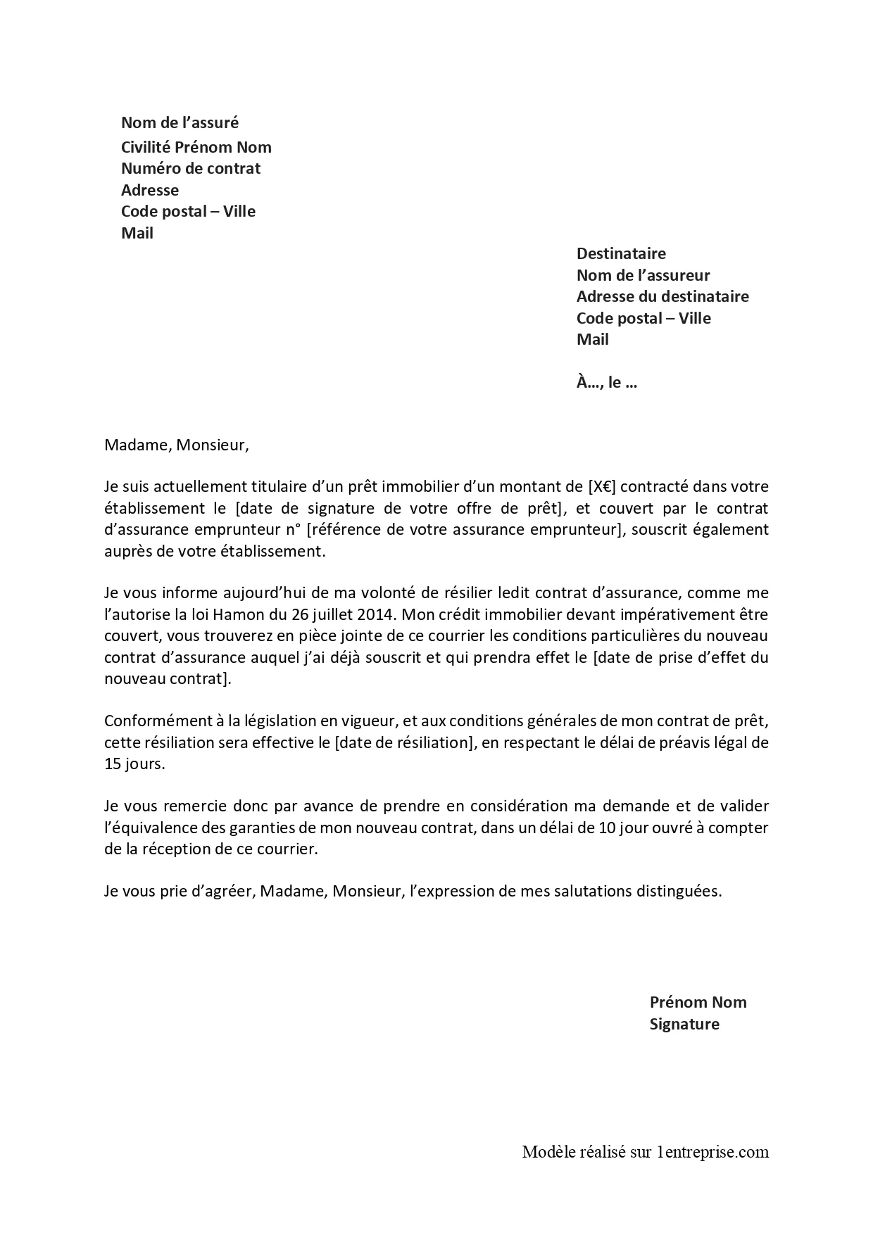 Lettre résiliation assurance emprunteur remboursement anticipé