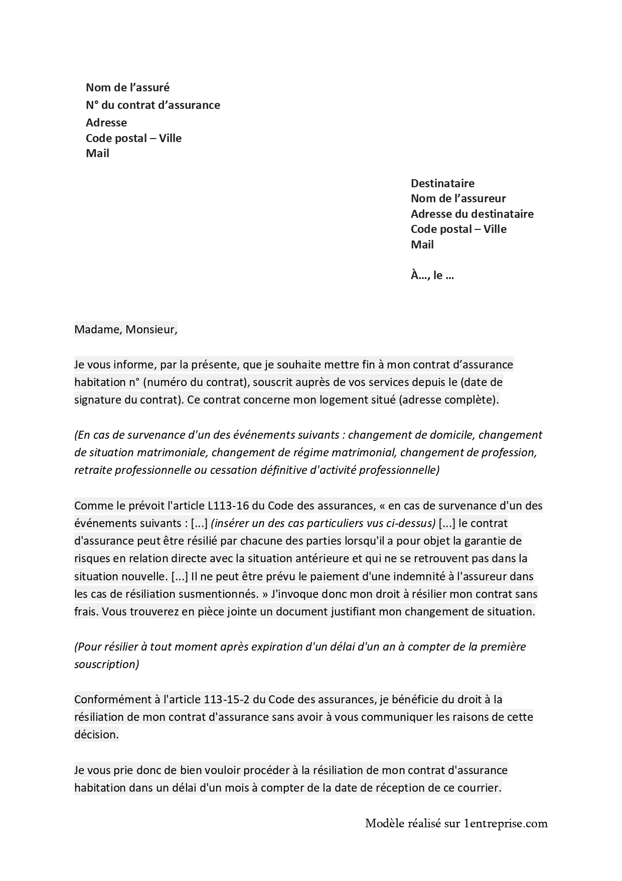 Lettre résiliation assurance habitation