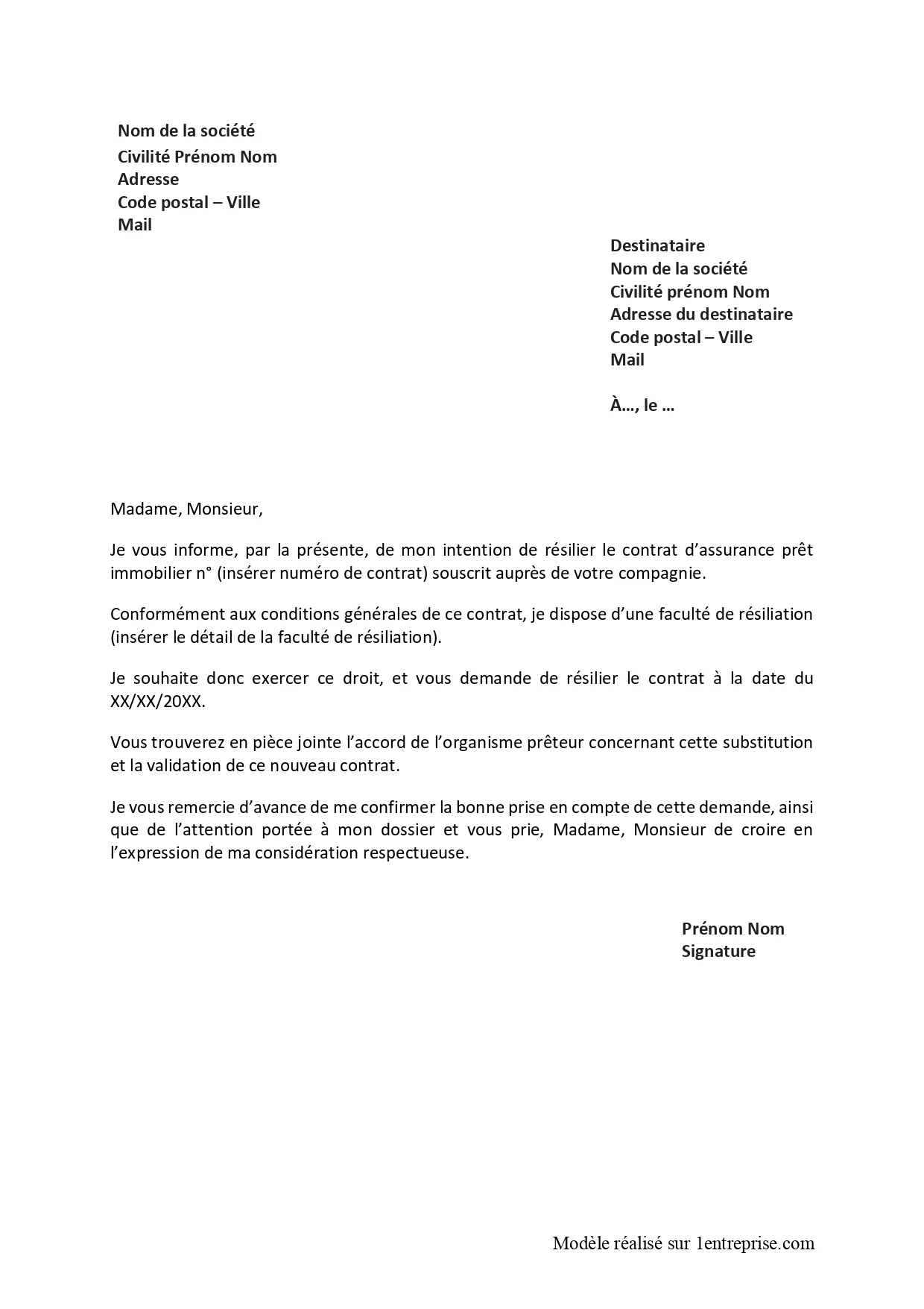 Lettre résiliation assurance prêt immobilier