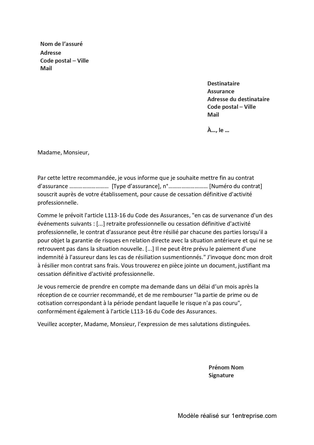 Lettre résiliation assurance professionnelle pour cessation d’activité à télécharger