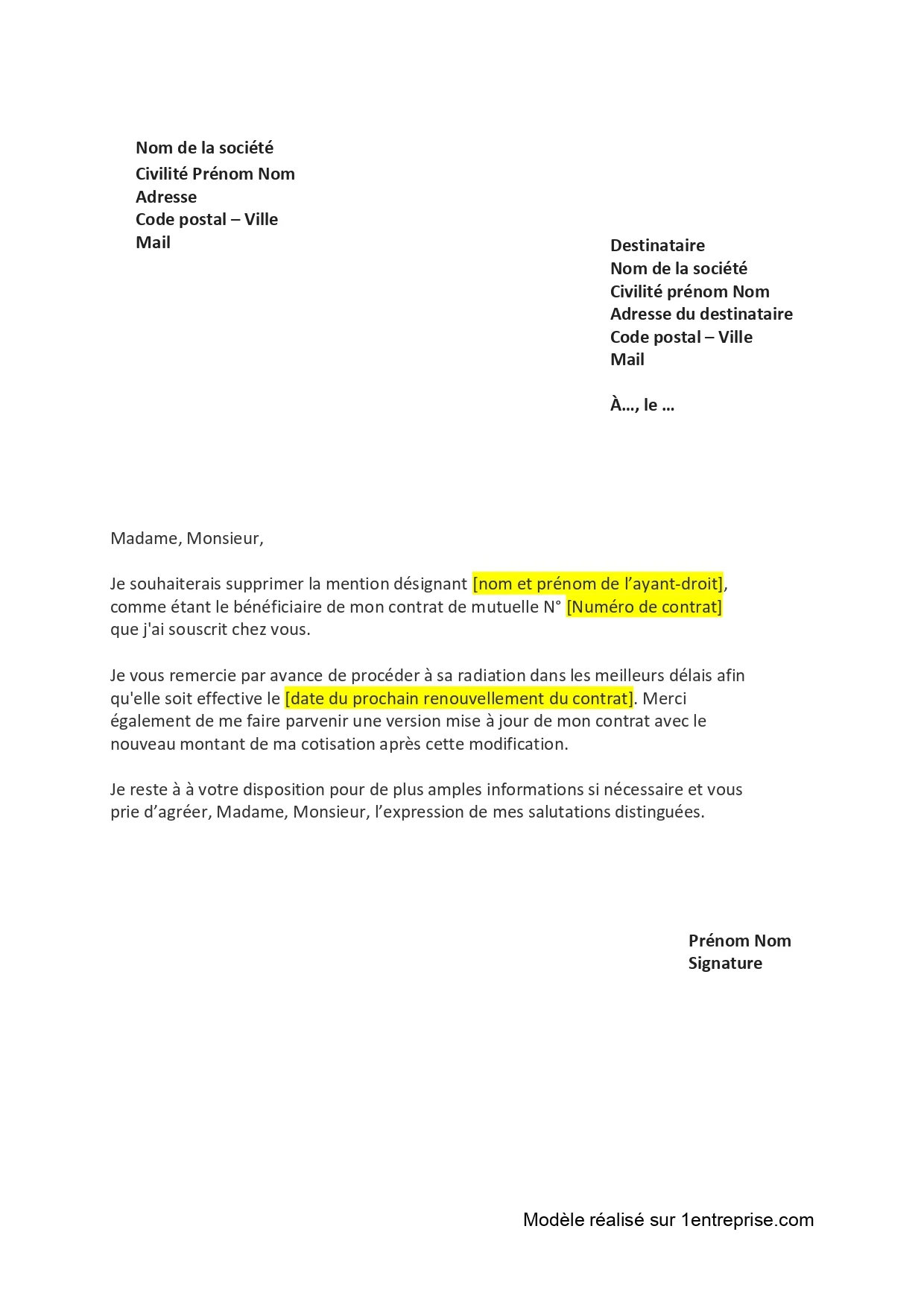 Lettre résiliation mutuelle pour mutuelle obligatoire conjoint