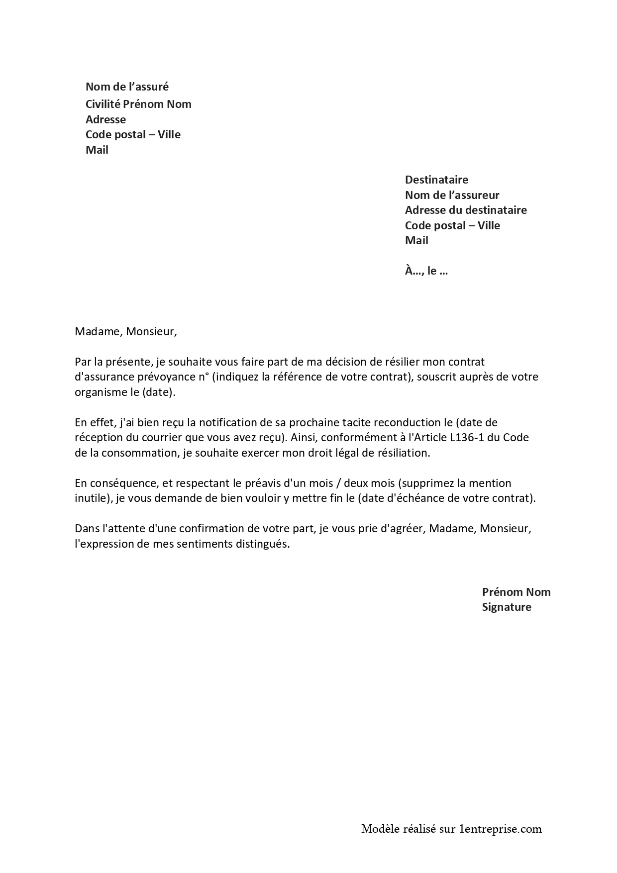 Lettre résiliation prévoyance
