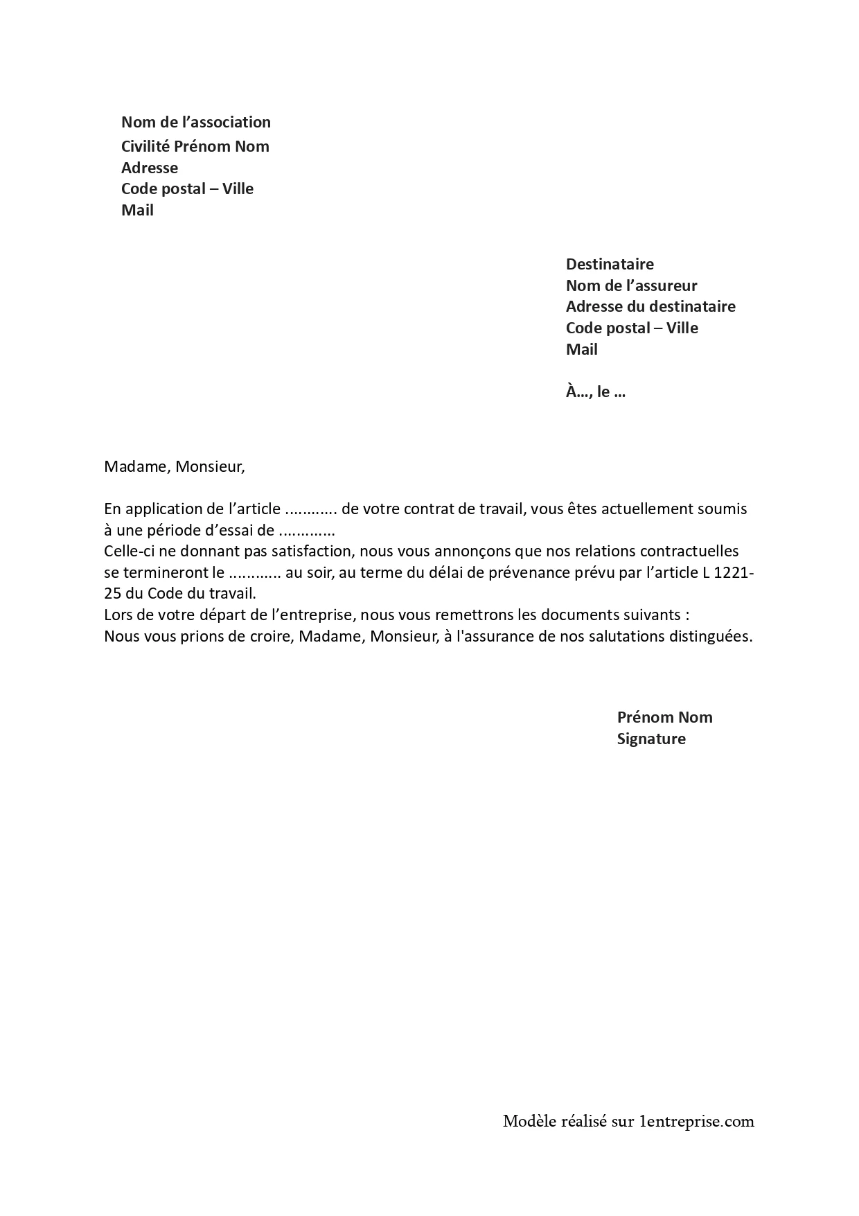 ️Lettre rupture période essai employeur