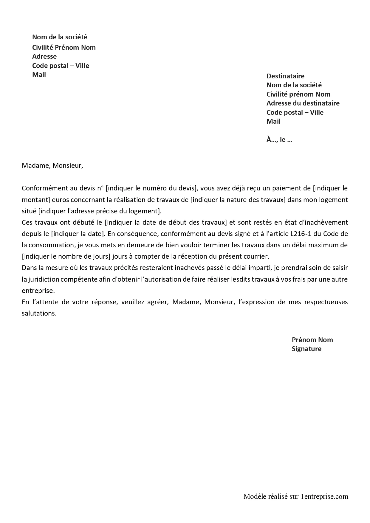 ️Mise en demeure de fin d’exécution des travaux d’un artisan
