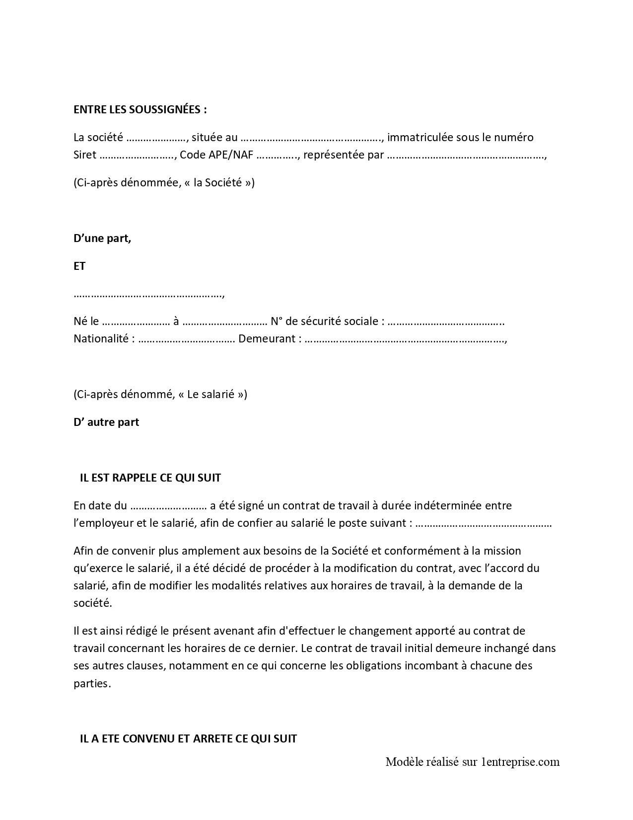 Modèle d’avenant au contrat de travail