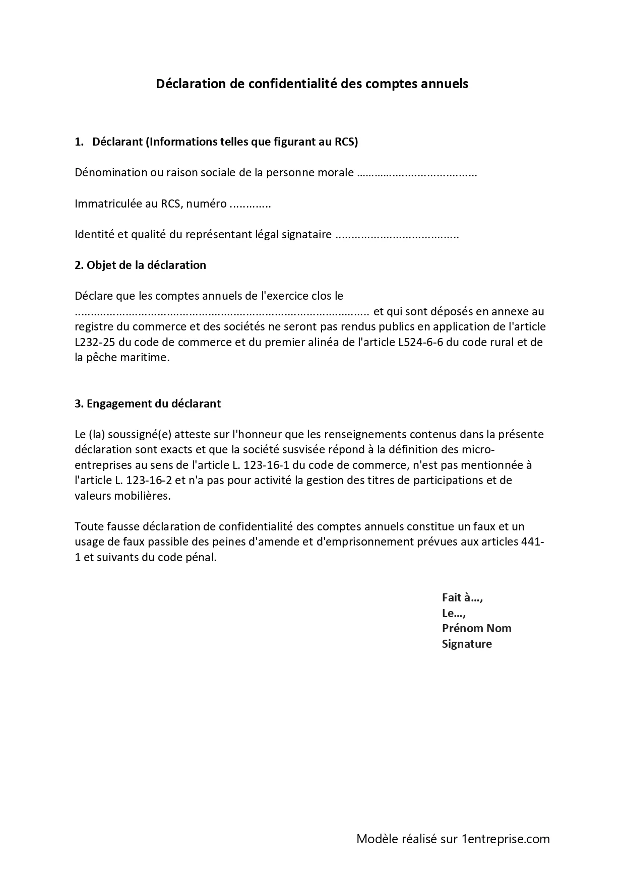 Modèle de déclaration de confidentialité des comptes annuels pour micro-entreprise