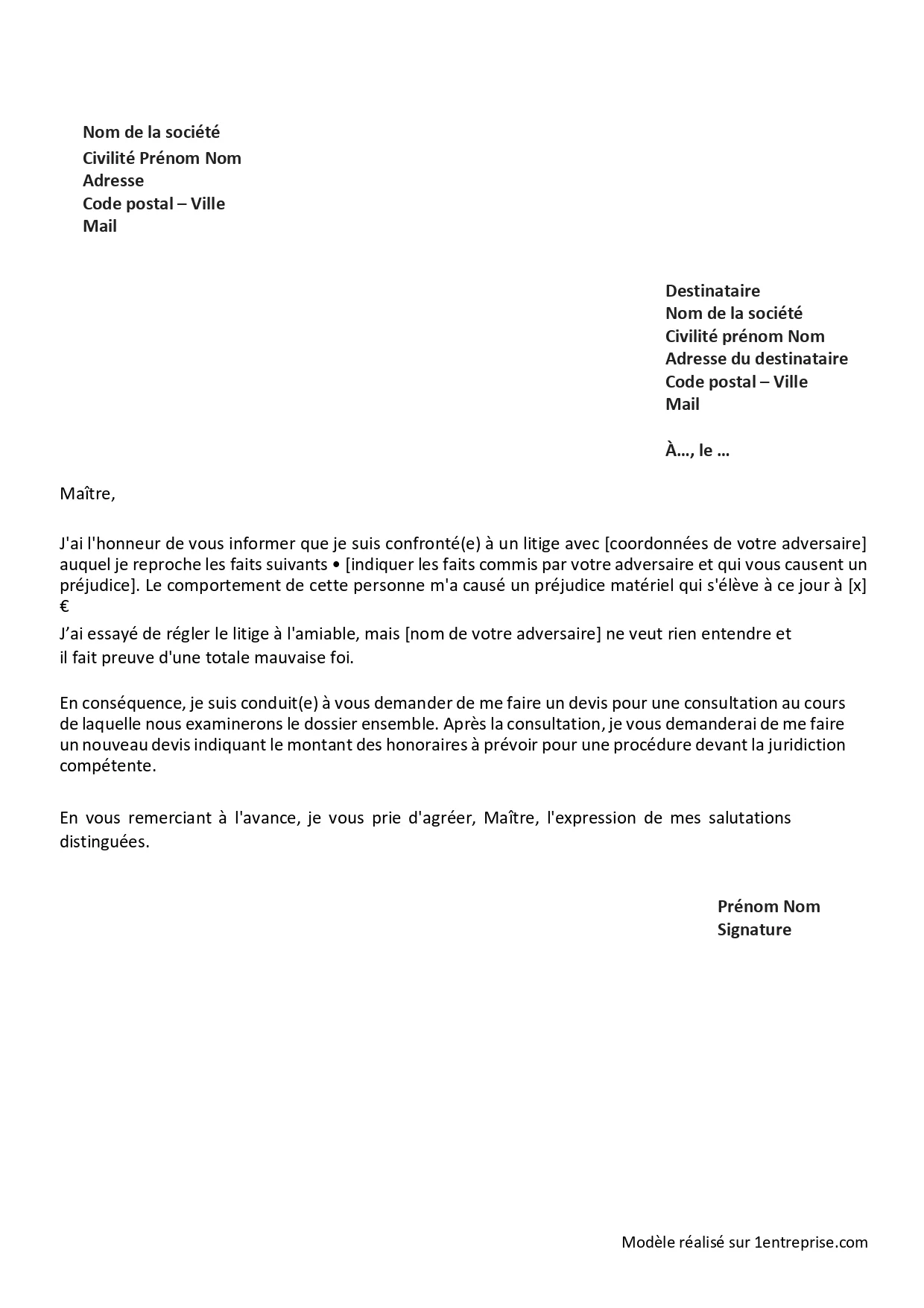 Modèle de lettre de demande de devis à un avocat