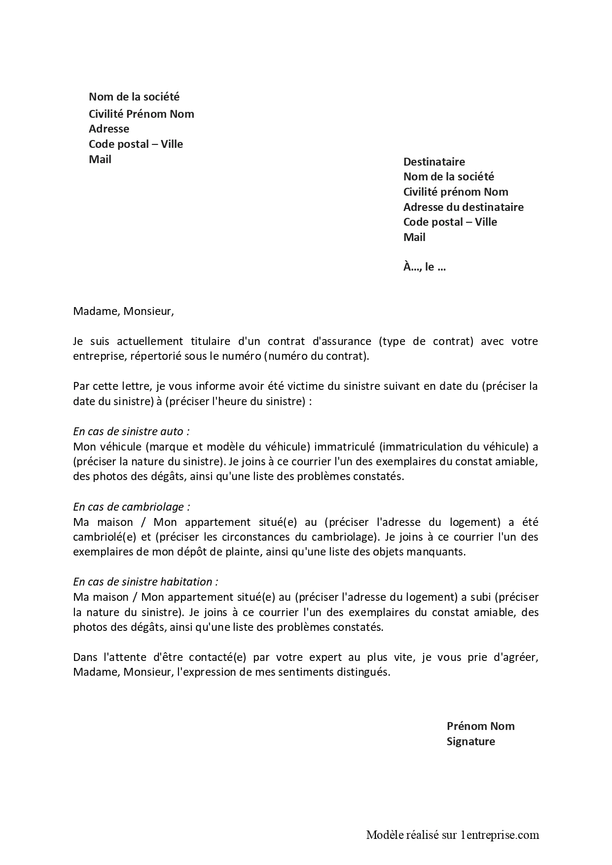 Modèle déclaration sinistre gratuit