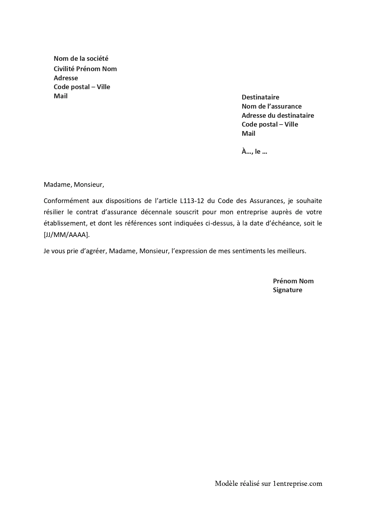 Modele lettre résiliation contrat assurance décennale