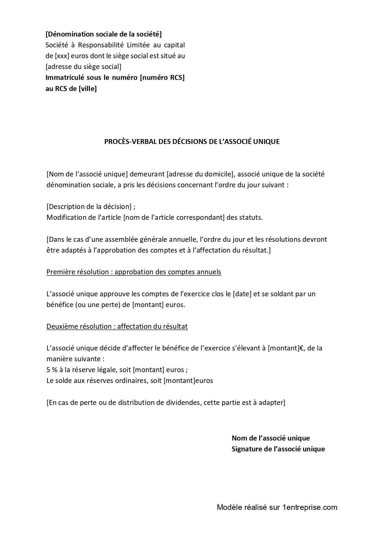 PV AG approbation des comptes EURL