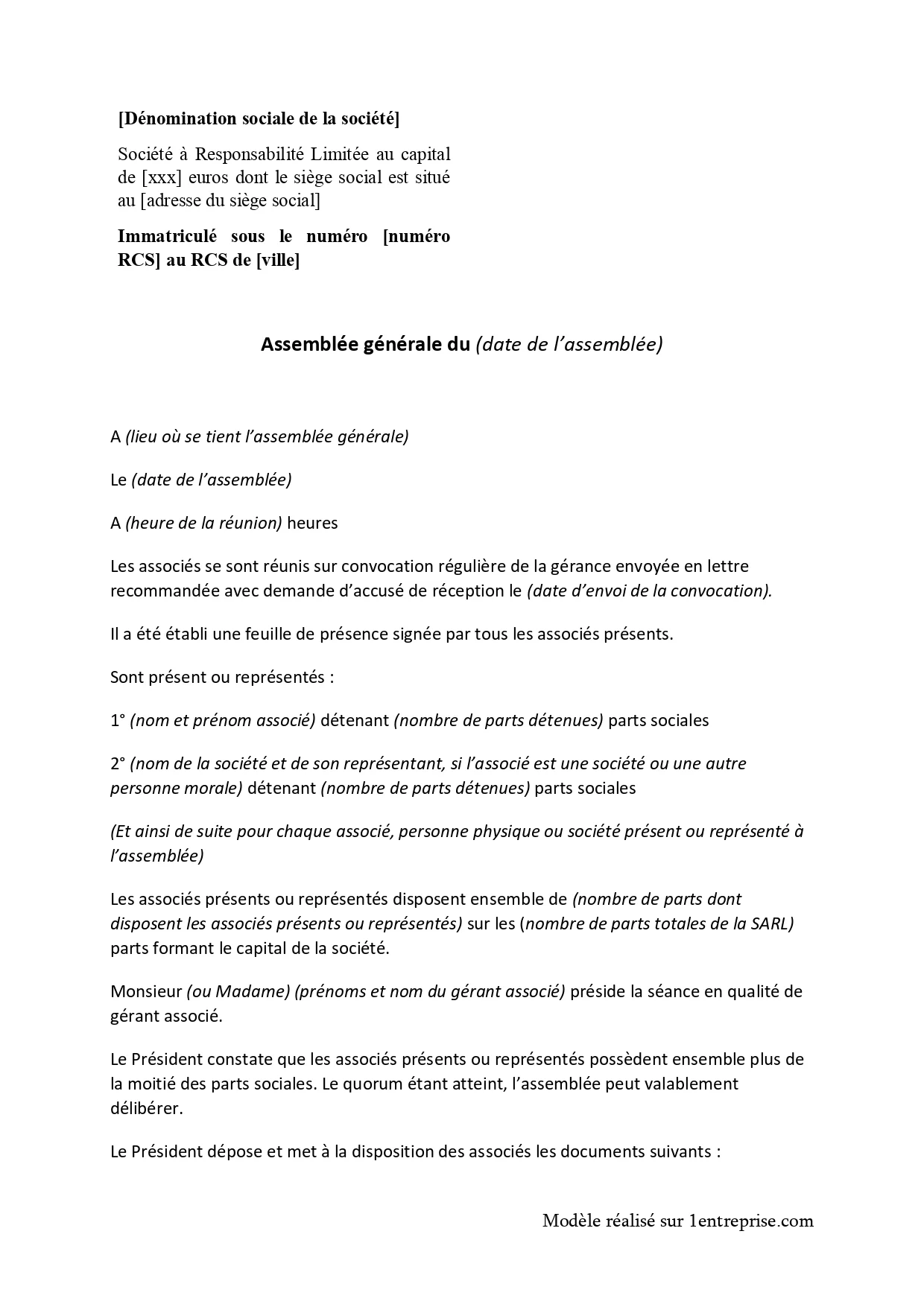 PV d’AG approbation des comptes de SARL