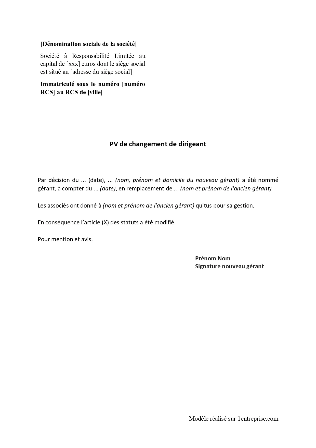 PV de changement de dirigeant
