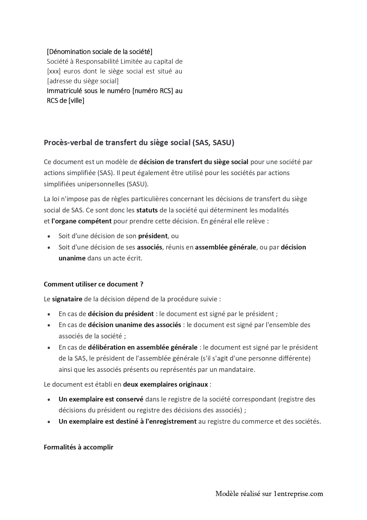PV transfert siège social SASU