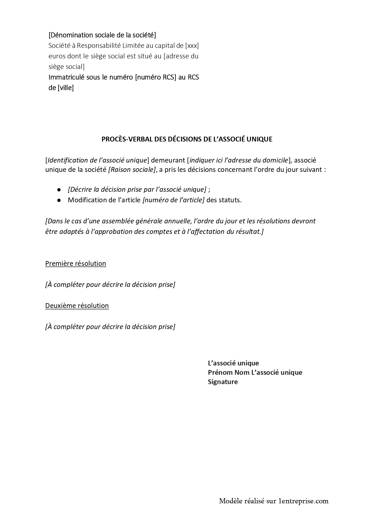 Procès-verbal des décisions de l’associé unique