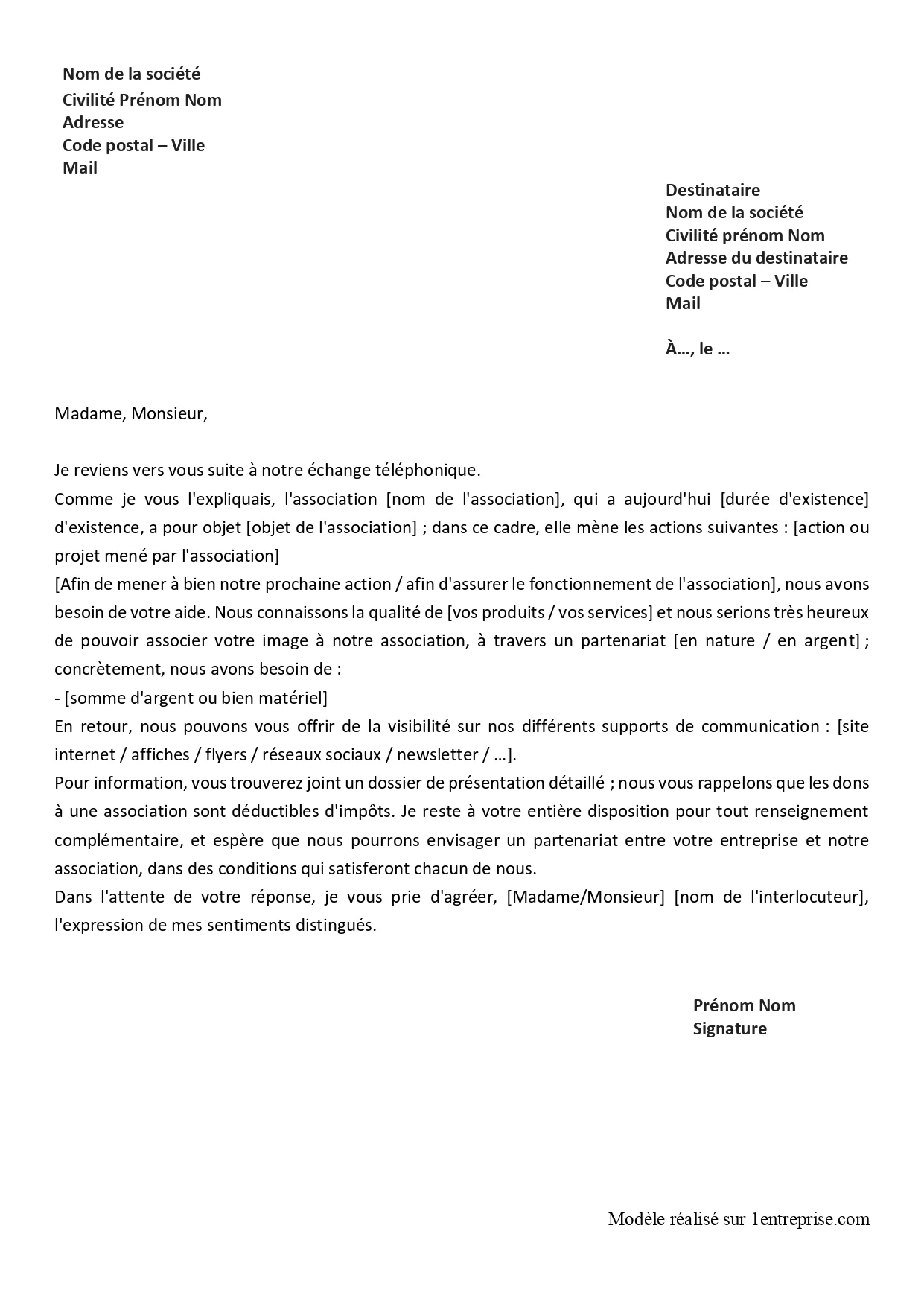 Recherche de partenariat par une association