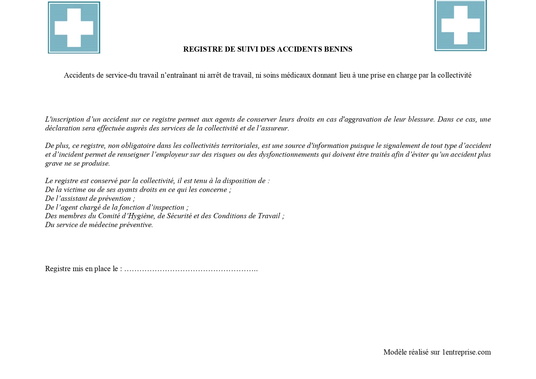 Registre des accidents de travail bénins