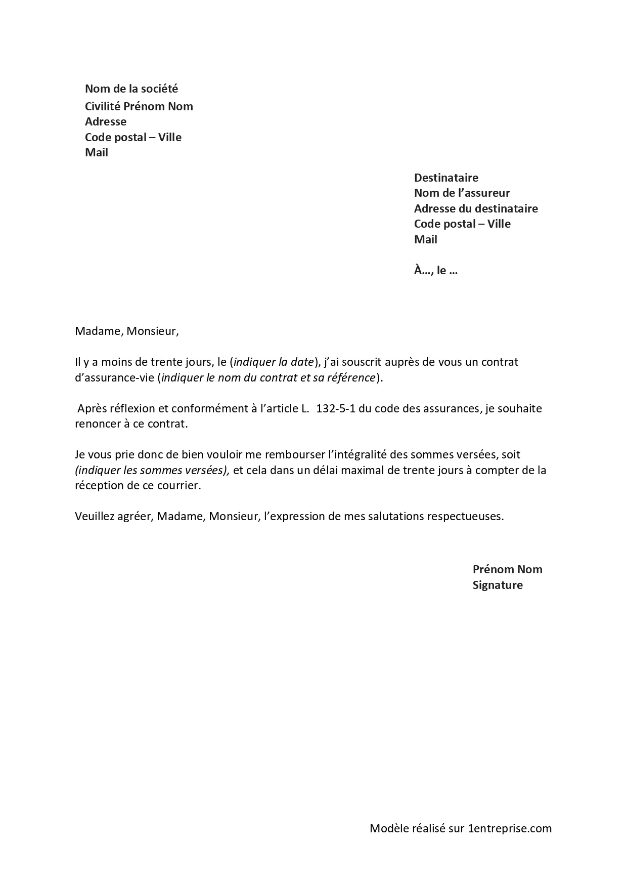 Renonciation assurance vie