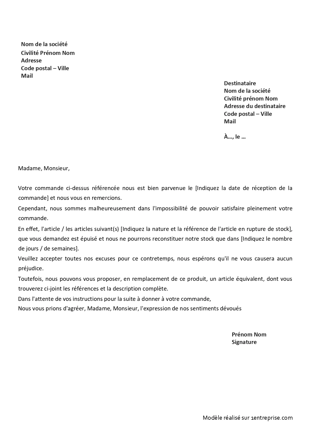 Réponse d’un fournisseur suite à une rupture de stock