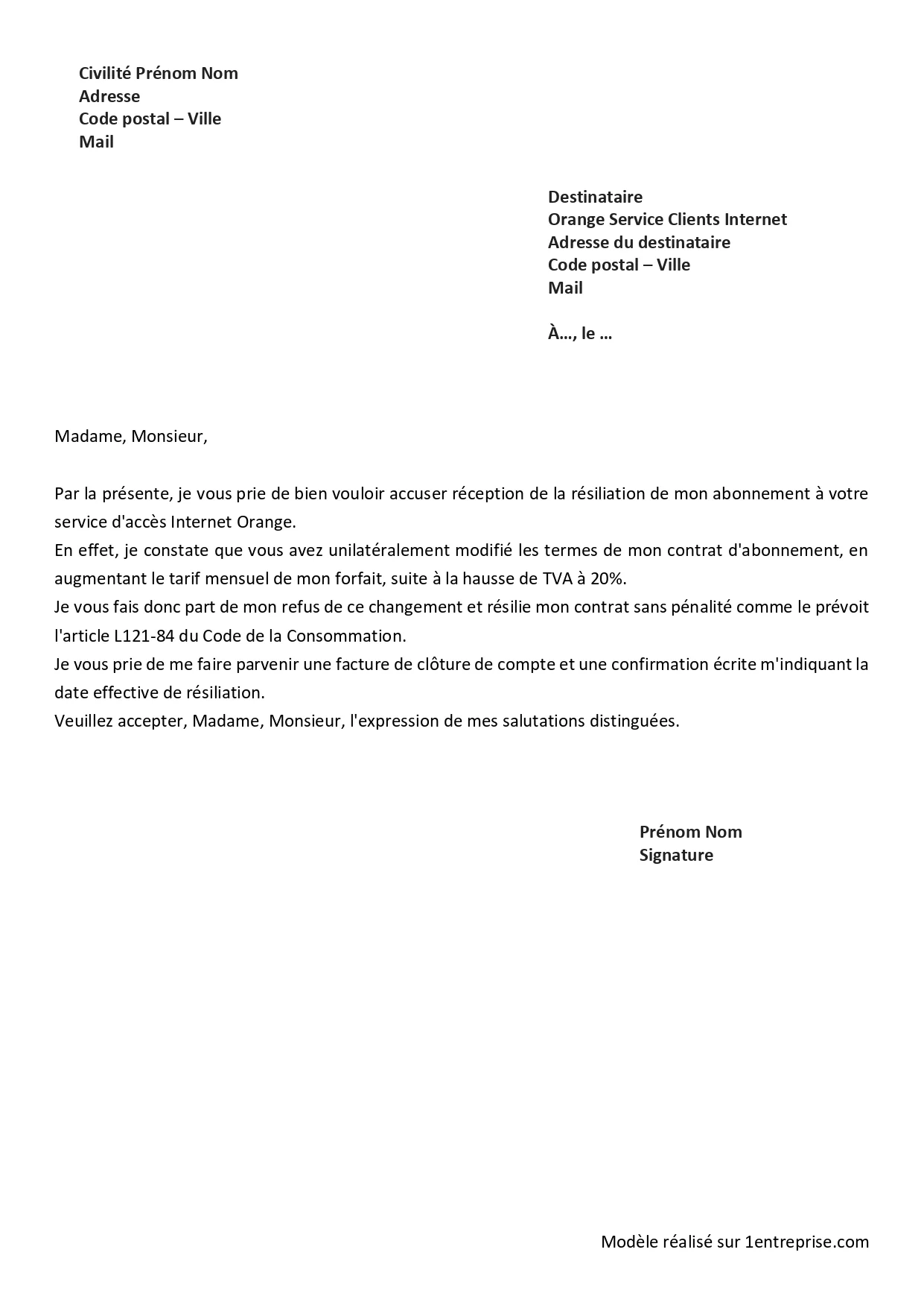 ️Résiliation abonnement Orange pour hausse de la TVA